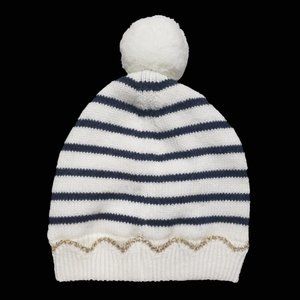 NEW Jacadi Baby Wool Alpaca Blend Beanie Pom Pom Striped Scalloped Gold Knit Hat